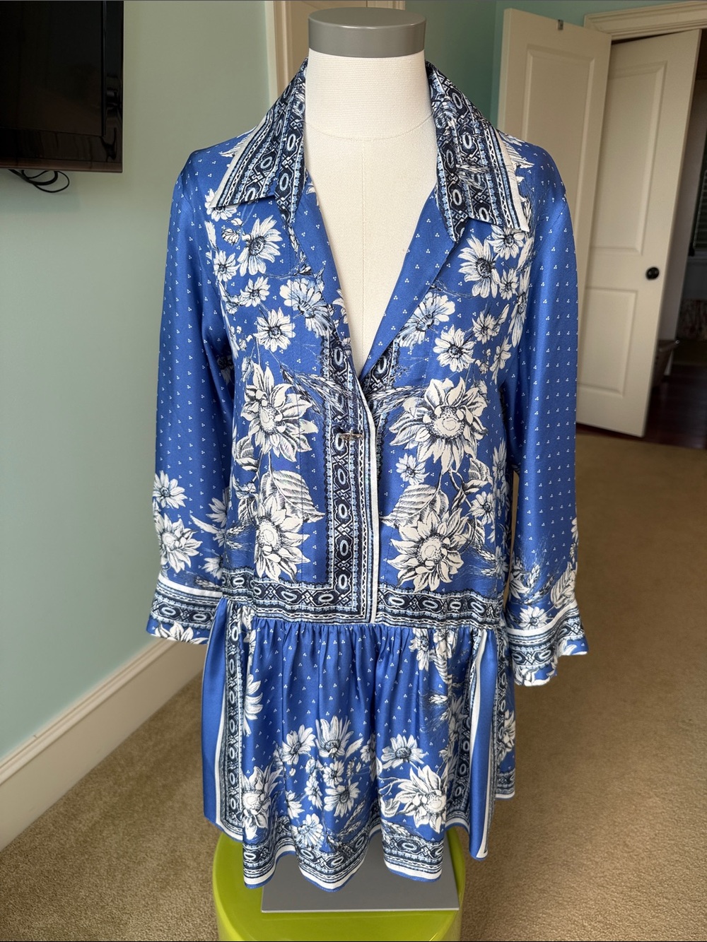 Sandro Blue Printed Silk Dress with Paisley Trim, cuff long sleeve  size 36